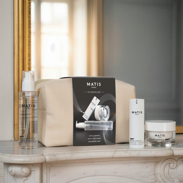 Matis Paris CORRECTIVE plumping gift set featuring Hyalu-Essence, Hyalu-Perf Serum, and Hyaluronic-Perf for anti-aging care