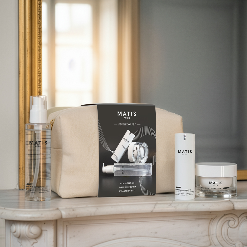 Matis Paris CORRECTIVE plumping gift set featuring Hyalu-Essence, Hyalu-Perf Serum, and Hyaluronic-Perf for anti-aging care