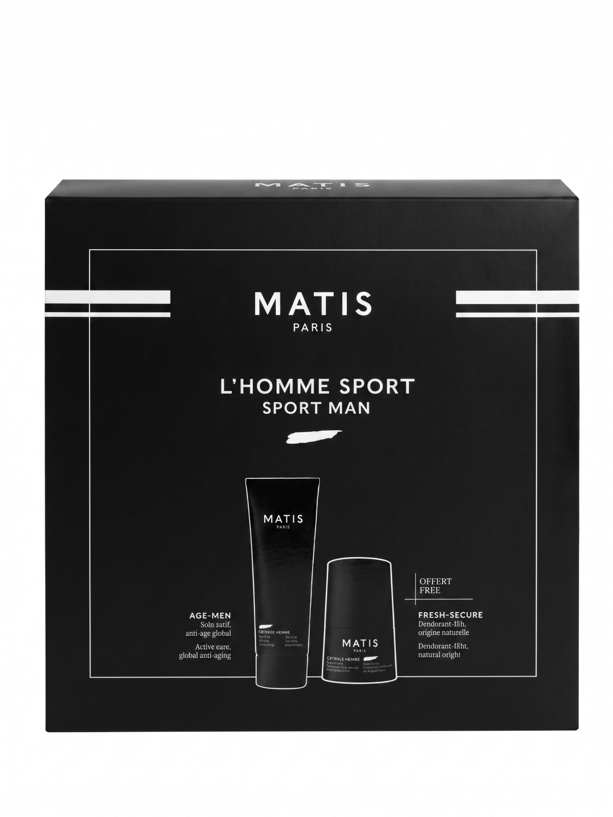 Matis Paris L'HOMME SPORT men's skincare gift set featuring AGE-MEN active care and FRESH-SECURE deodorant