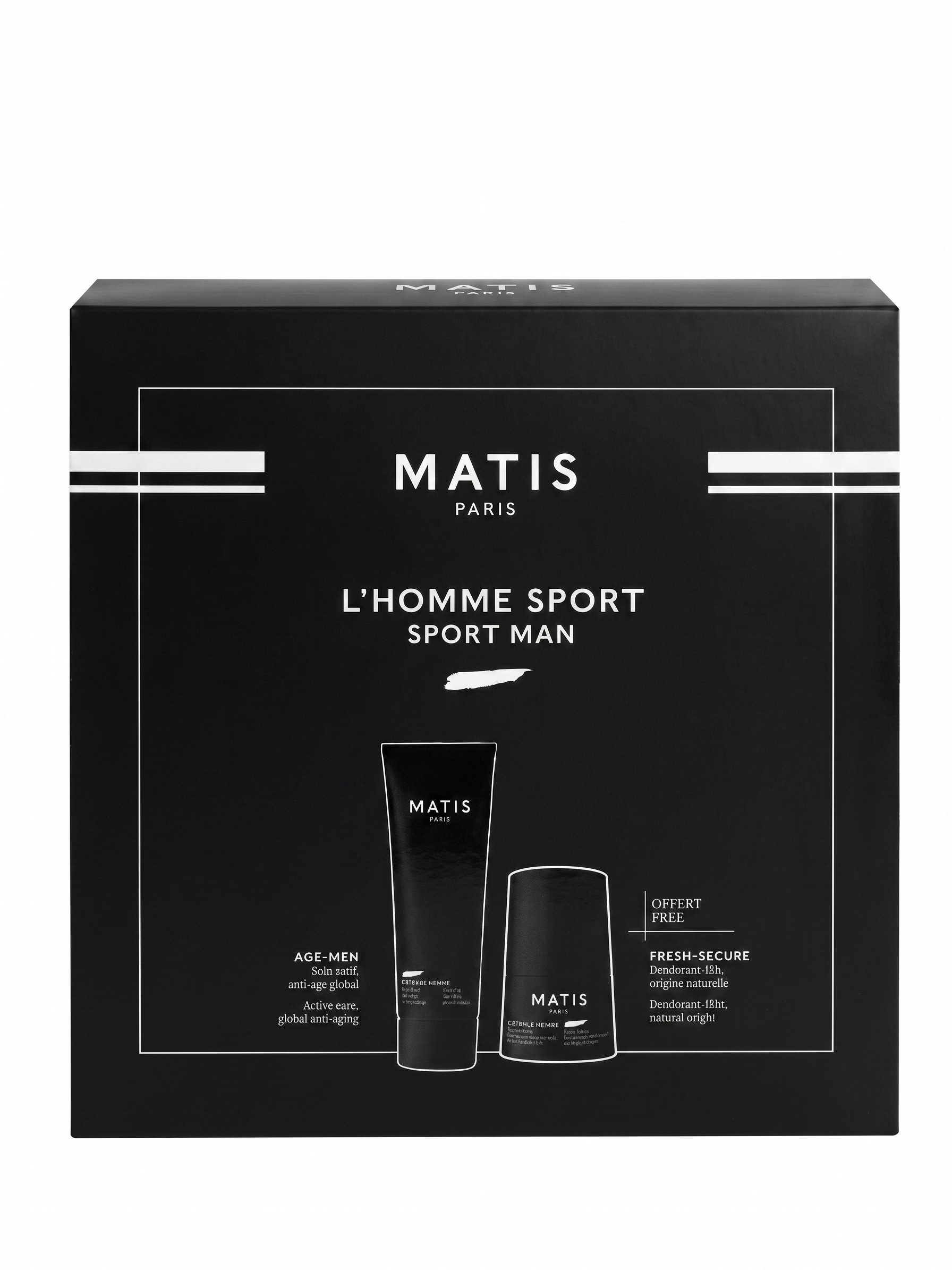 Matis Paris L'HOMME SPORT men's skincare gift set featuring AGE-MEN active care and FRESH-SECURE deodorant