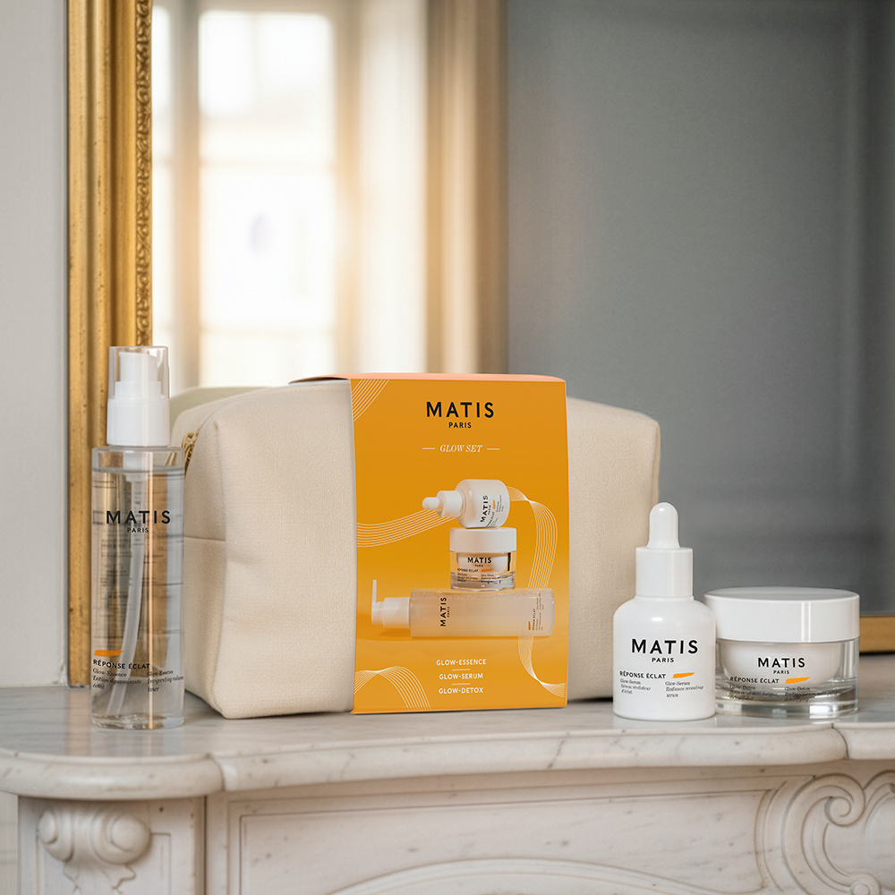 Matis Paris ÉCLAT gift set featuring Glow-Essence, Glow-Serum, and Glow-Detox for skin radiance