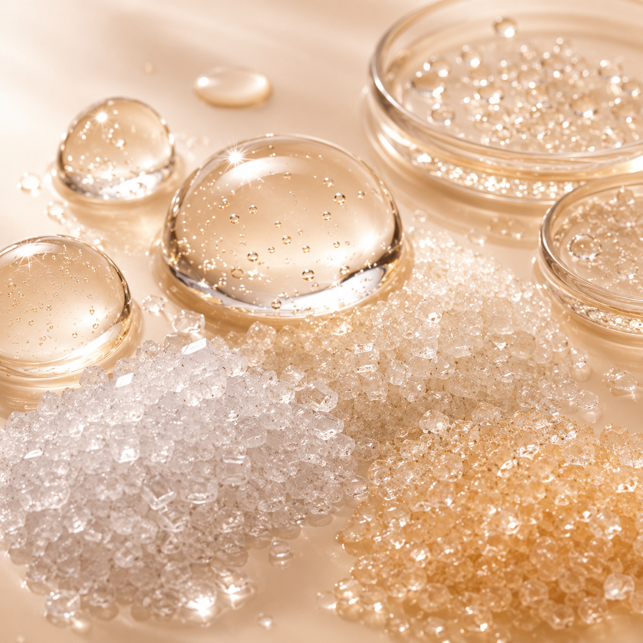 Moisturising sugar crystals and serum droplets representing Radiance Sugar Complex in MATIS Paris Réponse Éclat skincare.